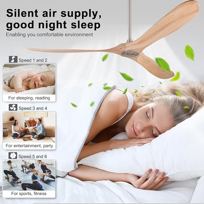 72 Inch Solid Wood Ceiling Fan with Remote,Outdoor Ceiling Fan no Light,6 Speeds,Noiseless,Reversible DC Motor,Modern Ceiling Fans without Lights for Bedroom Farmhouse Patios Study Brushed Nickel