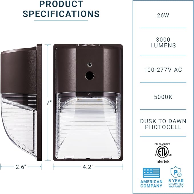 PARMIDA (4 Pack) Mini LED Wall Pack Light 26W Dusk to Dawn Photocell Sensor, 3000lm, 150W Equivalent, IP65 Waterproof, 5000K, ETL, 100-277VAC Outdoor Wall-Mount Area Exterior Security Lighting, Bronze