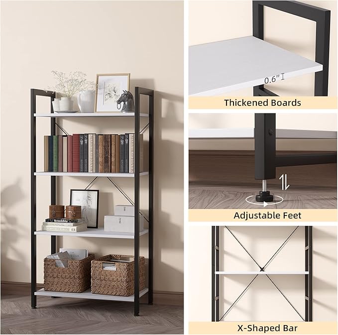 4-Tier Bookshelf, 47.2'' H Ladder Shelf, Industrial Bookcase, Wooden and Metal Storage Rack, Shelving Unit for Living Room Entryway Office, White Book Shelves, 24 * 11.8 * 47.2 inches