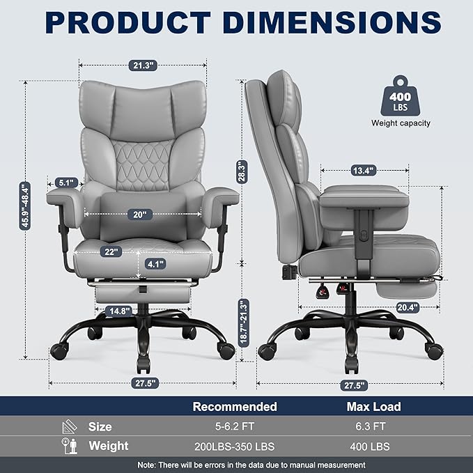 Misolant Big and Tall Office Chair with Footrest, High Back Executive Desk Chair with Adjustable Lift Armrest, 155°Recline，Lumbar Support Pillow, Faux Leather Gaming Chairs for Home or Office Gray