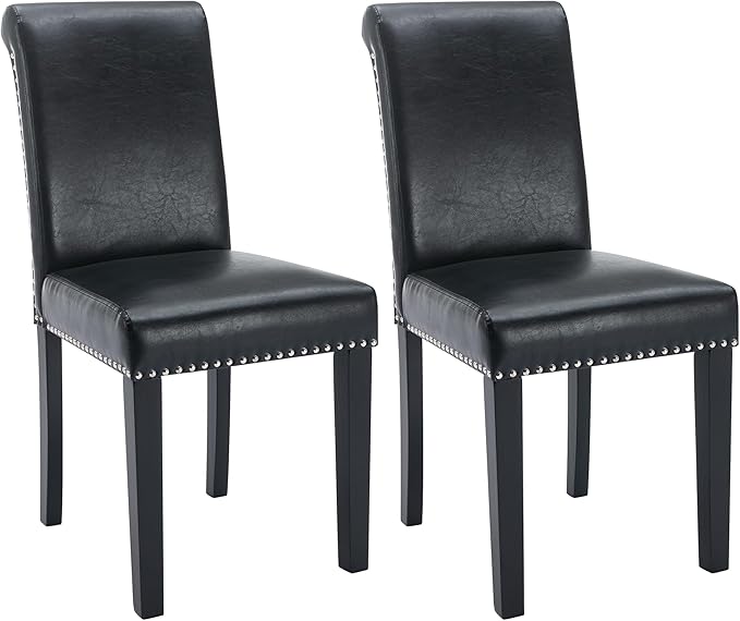 Westice Dining Room Chairs Set of 2 Upholstered PU Leather Kitchen Chairs Dining Room Side Chair with Nailhead Trim and Rubber Wood Legs for Small Space Apartment, Black