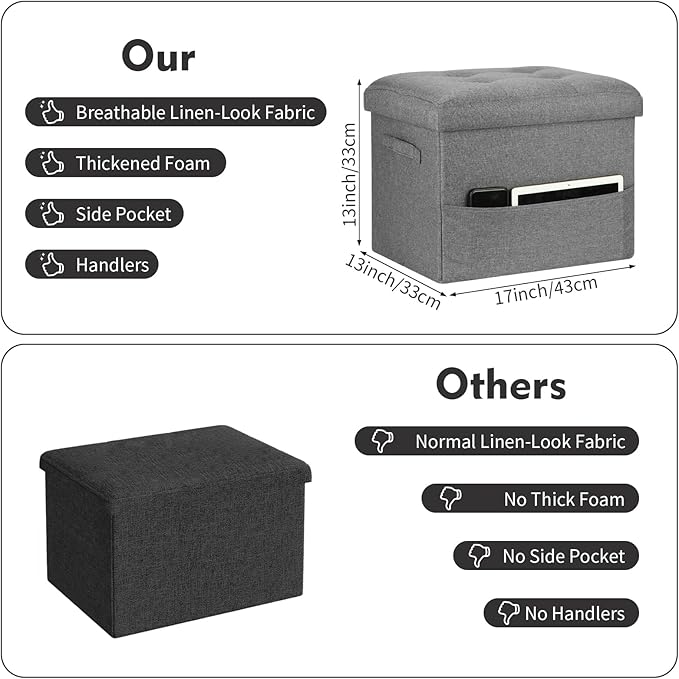 Storage Ottoman. Foot Rest Stool with Thicker Foam Padded Seat. Linen Footstool Storage Bench, 350 lbs Folding Bench Small Ottoman for Living Room, Bedroom, Coffee Table. 17x13x13in, Dark Gray