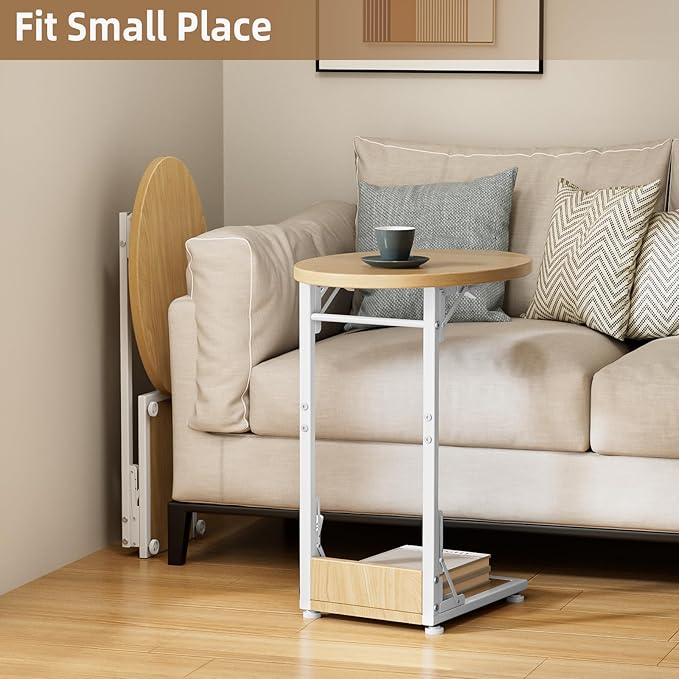 Elbourn Folding Side Table End Couch Tables, C-Shaped End Table for Living Room, Small End Table for Bedroom, Coffee Table(Nature Wood Color)