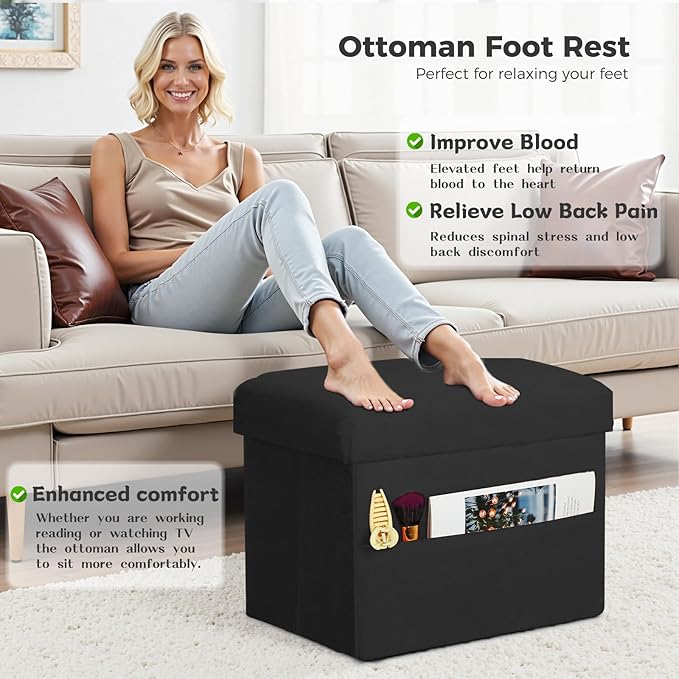 Small Ottoman with Storage, Folding Foot Rest Stool with Thicker Furry Padded Seat. Soft Fur Storage Ottoman Bench for Bedroom Living Room, Holds Up to 300 lbs, 17x13x13IN (Black)
