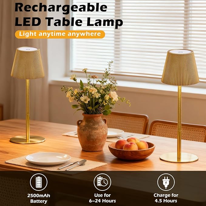 Cordless Table Lamp DIY, 2500mAh Rechargeable & Flexible Desk Lamp, Stepless Dimming Modern Bedside Lamps with 3-Color LED Touch Control, Minimalist Nightstand Lamps for Decor & Gifts (Gold)