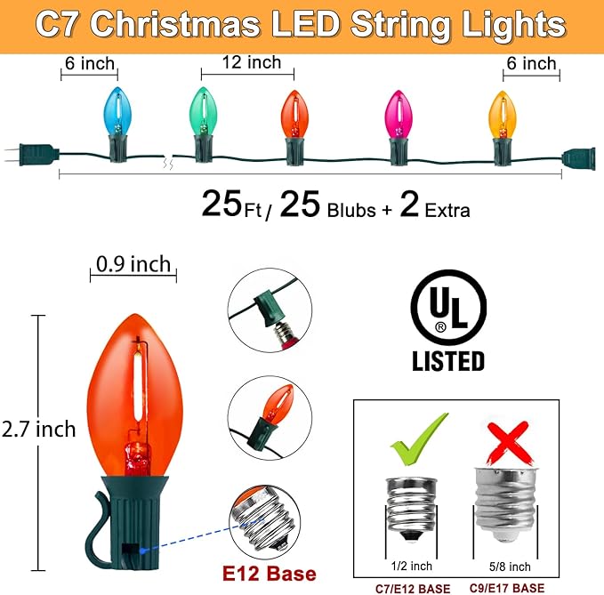 Couah C7 Christmas LED String Lights, 25Ft C7 Vintage Clear Multicolor Lights with 27 Colorful LED Bulbs (2 Spare) for Indoor Home Outdoor Backyard Wedding Party Christmas Decorations