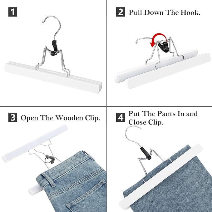 AMKUFO 12 Pack White Wooden Pants Hangers with Clips Non Slip Skirt Hangers Trouser Clamp Hanger Solid Wood Hanger with 360° Swivel Hook