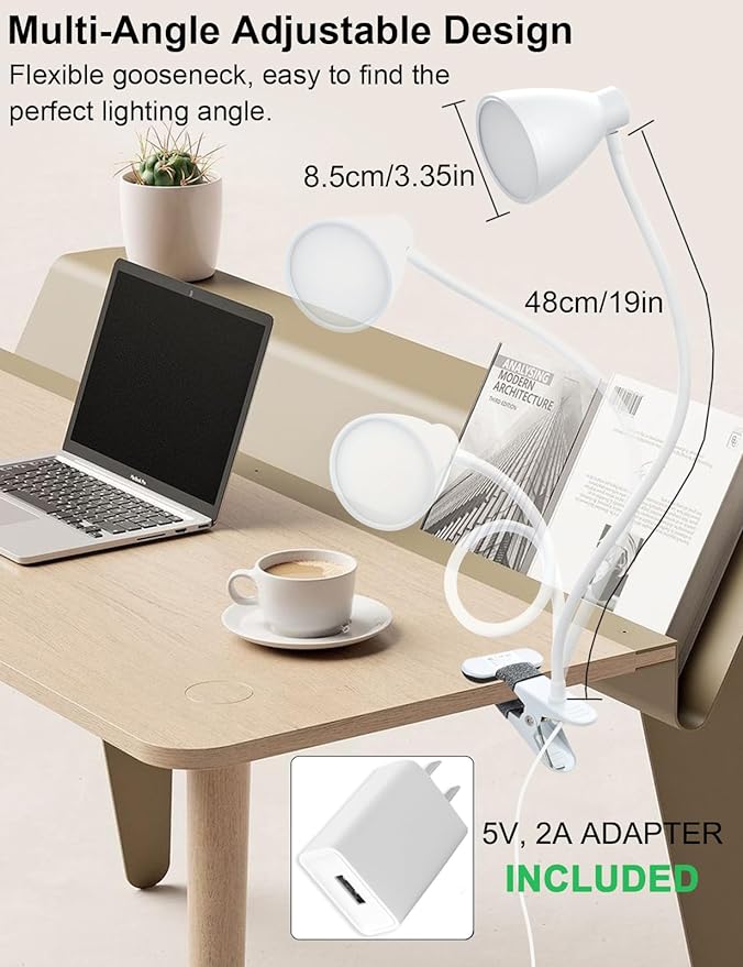 BOHON Clamp Lamp Reading Light 5 Color Modes 10 Brightness Dimmer Bedside Lamp 10W 38 LED Desk Lamp with Auto Off Timer 360° Flexible Gooseneck Clip on Light for Bed Office, Adapter Include, White
