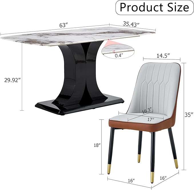 Modern Dining Table Set for 4, Marble Kitchen Table Chair Set for 4, Rectangular Kitchen Table with 4 Pu Leather Upholstered Chair for Dining Room (Brown-C, White Table Set for 4)