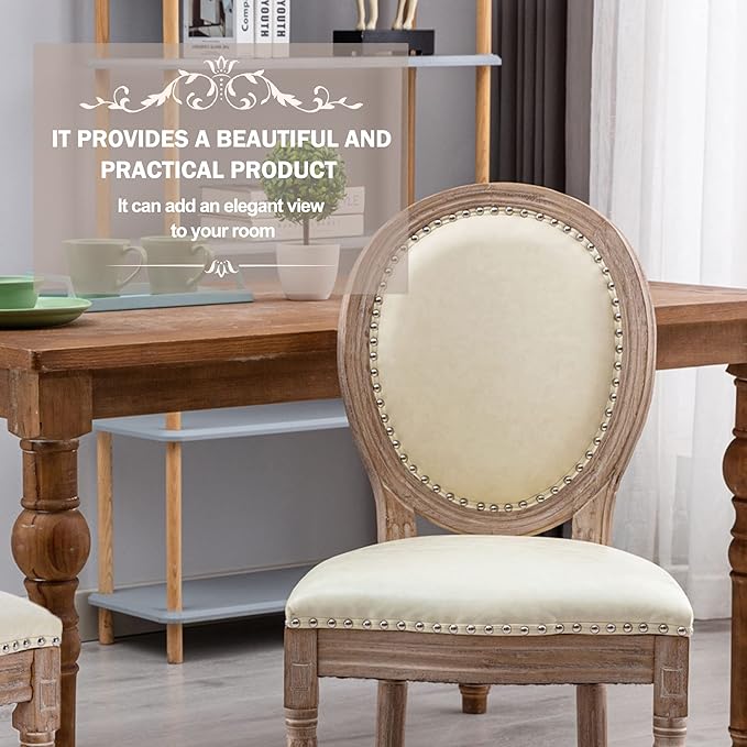 Nrizc French Country Dining Chairs Set of 6, Leather Farmhouse Dining Room Chairs with Round Back, Solid Wood Legs, Oval Side Chairs for Kitchen/Bedroom/Dining Room