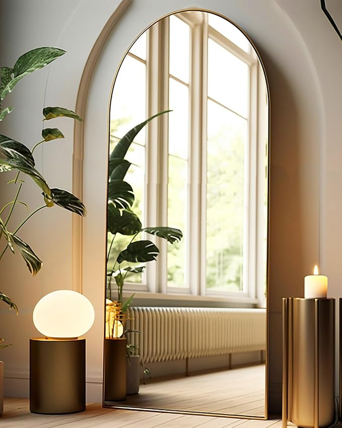 Full Length Mirror, Arched Floor Mirror with Stand, 26"x68" Oversized Floor Mirror, Wall Mirror Full Length Freestanding, Wall Mounted Mirror for Bedrooom Living Room, Gold