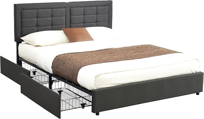 VECELO Full Size Bed Frame with 4 Drawers, Adjustable Tufted Button Headboard, Upholstered Platform with Wood Slats Support, Built-in USB and Type C Ports, Dark Gray