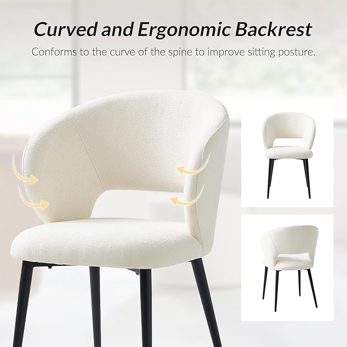 Contemporary Dining Chairs with Armrests – Ergonomic Soft-Padded Seat, Curved Backrest, Matte Black Metal Legs, Comfortable Kitchen & Dining Room Chairs, Set of 4