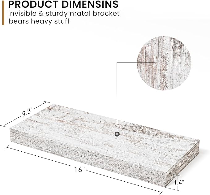 Fun Memories Deep Floating Shelves - 16" W x 9.3" D x 1.6" H Rustic Grey Wall Shelf - Wall Mounted Shelves for Storage - Wooden Shelves with Invisible Brackets for Living Room, Farmhouse - Set of 2