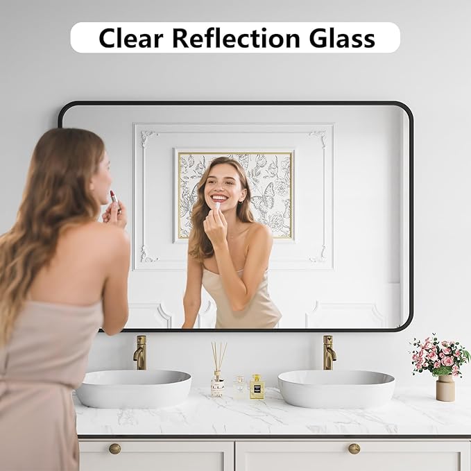 Koonmi Bathroom Mirror, 36X55 Brushed Black Rectangle Wall Mirror, HD Tempered Glass, Anti-Rust Frame Vanity Mirror, Rounded Rectangle Mirror for Restroom, Bedroom, Hangs Horizontal or Vertical