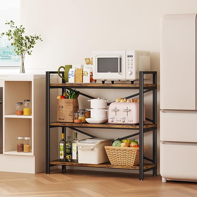 3 Tier Bookshelf 31.49" Width, Wood and Metal Etagere Bookcase, Vintage Farmhouse Modern Wooden Big Book Shelf for Home Living Room Bedroom Office Storage(Rustic Brown)