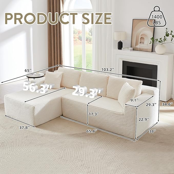 Modular Cloud Sectional Couch with L-Shape Chaise,Modern Upholstered Couches with Deep Seat,Corduroy Sponge Compressed Sofa for Living Room,No Assembly Required (Off White)