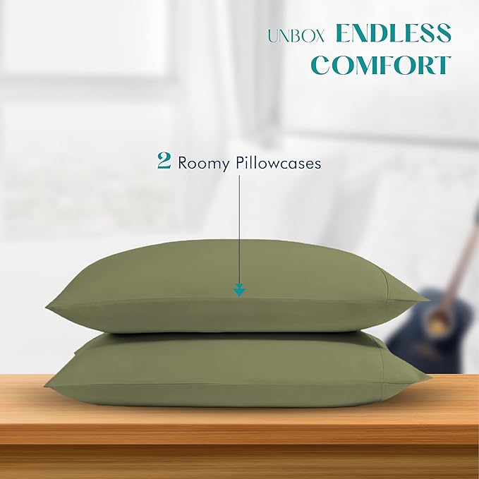 XOOX Linen 100% Egyptian Cotton Pillow Cases Standard/Queen Size Set of 2 - Luxury 1200 Thread Count Sateen Sage Green Pillow Cases, Silky Soft Cooling Pillowcases Fits Standard & Queen Size Pillows