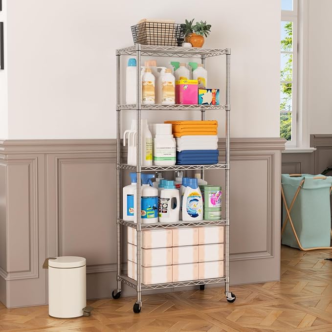 SINGAYE 5 Shelves Storage Shelf Wire Closet Bathroom Organizers Metal Pantry Kitchen Garage Shelving Unit Laundry Room Organization Home Rack Net Basket White with Wheels