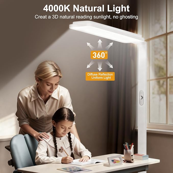 LED Floor Lamp,Full Spectrum 4000K Natural Daylight Eye-Caring Reading Lamp,Dimmable Light,Multiple Diffuse Reflections Aluminum Tall Standing Lamp for Living Room Kids Study Home Office - White