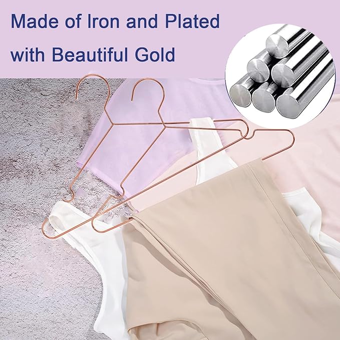 10-Pack Rose Gold Metal Wire Clothes Hangers，16.5" Heavy Duty Wire with Non Slip Notch, Strong Stainless Steel Hangers Space Saving