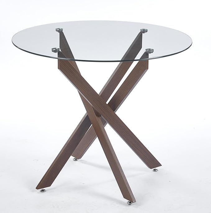 36" Round Dining Table for 4, Modern Clear Glass Kitchen Table for 4 with Walnut X Metal Legs, Contemporary Small Circle Dining Room Leisure Tables for Kitchen Apartment