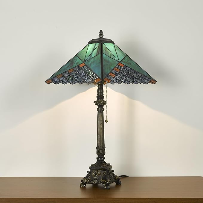Tiffany Table Lamps Deep Blue Stained Glass Rhombus Checkered Style Mission Desk Lamp 12X12X24 Inch Bronze Resin Base