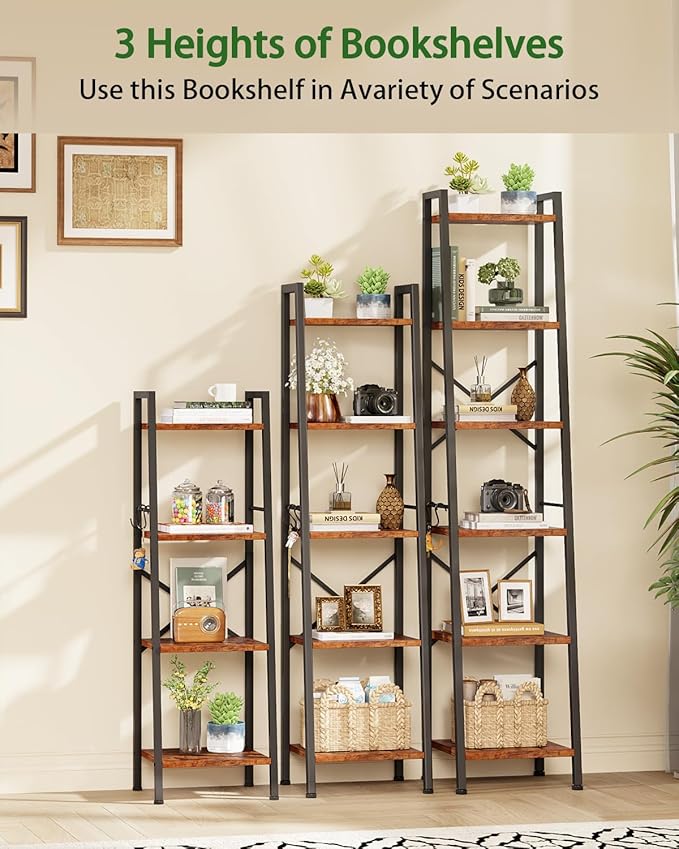 Furologee 6 Tier Ladder Shelf Bookcase, Tall Ladder Bookshelf Narrow with 2 Hooks, Industrial Metal Wooden Shelf Free Standing, Skinny Bathroom Shelves for Bedroom Living Room Kitchen, Rustic Brown