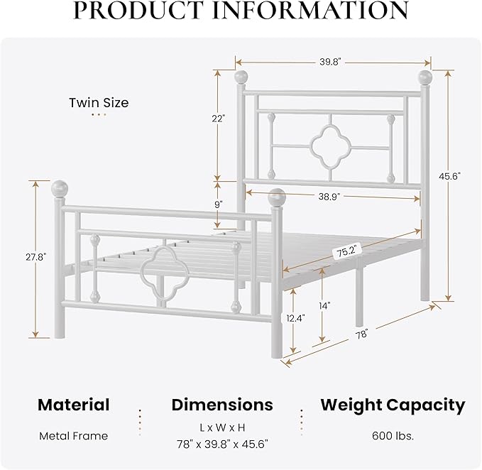 SHA CERLIN 14 Inches Twin Size Metal Platform Bed Frame/Vintage Iron-Art Headboard and Footboard/Mattress Foundation for Storage/No Box Spring Needed/Noise-Free/Easy Assembly/White