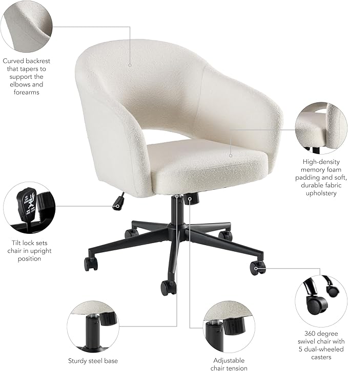 Bush Furniture Mid Century Modern Desk Chair for Home Office, Adjustable Seating with Wheels and Swivel Base, Fairfax Collection, Light Cream Fabric Upholstery
