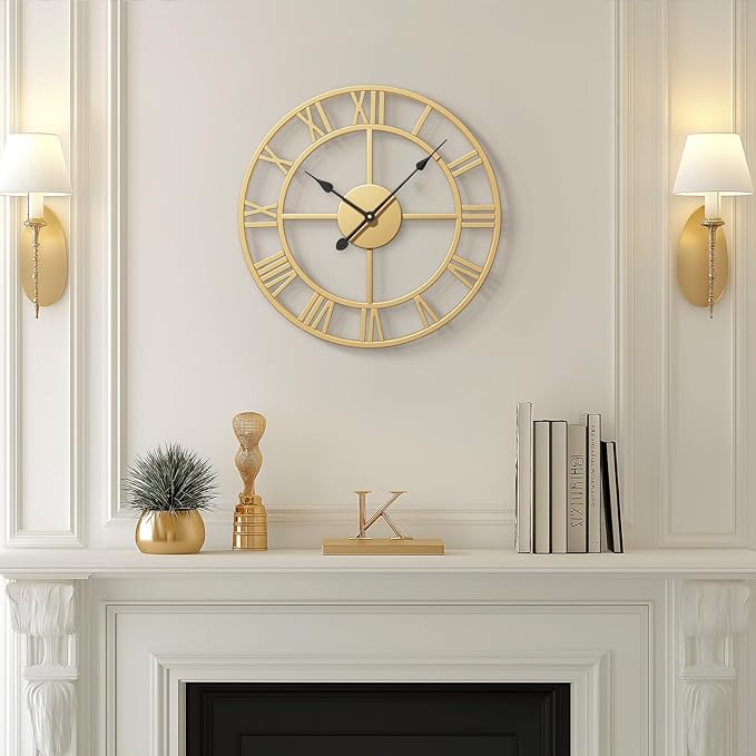 Cuspin Gold Wall Clock 16 Inch Metal Decorative Clock for Living Room, Battery-Operated Completely Silent Non Ticking Round Modern Wall Clock -Roman Number