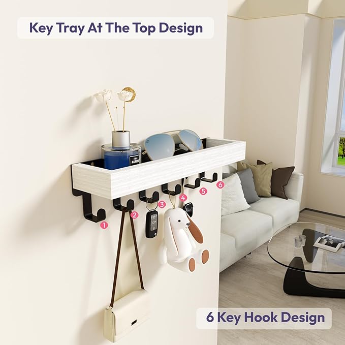 SWTYMIKI Key Holder Wall Mount - Wooden Key Hooks for Wall with Mail Organizer & 6 Hooks, 2 Installation Ways Key Hanger, Key Rack with Shelf for Entryway Living Room Bedroom Office Home Decor White