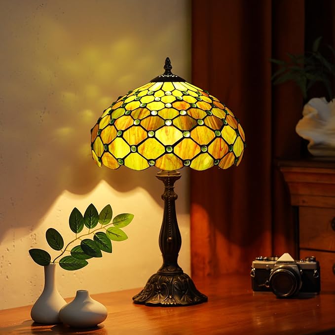 Tiffany Lamps Brownish Green Beads Style Stained Glass Table Lamp Desk Bedside Reading Light 12X12X18.5 Inches with Bronze Resin Base Applicable to Bedroom Living Room Office