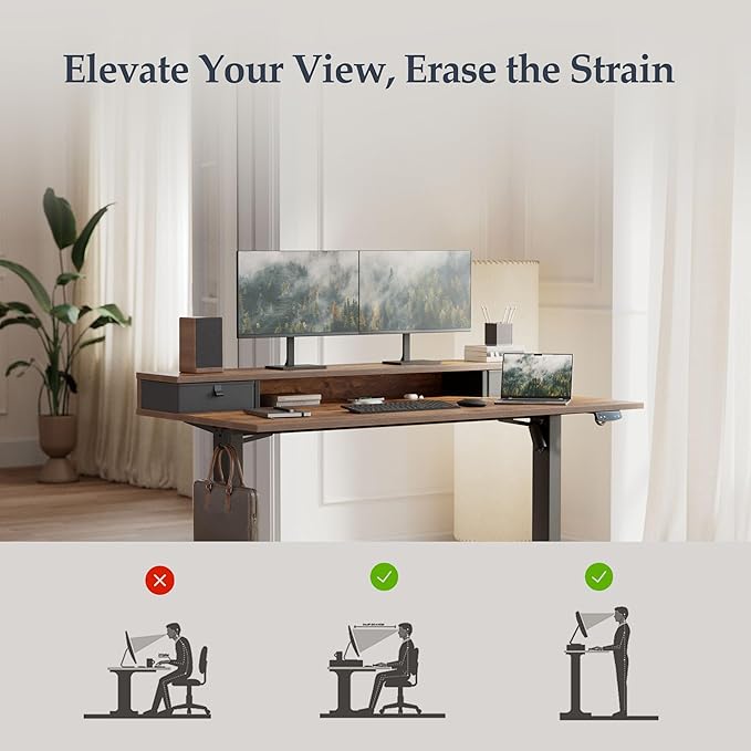 Klicelor 55 Inch Electric Standing Desk with Drawers, Adjustable Height Small Sit Stand Desk for Home Office, Compact Computer Workstation with Storage– Rustic Brown