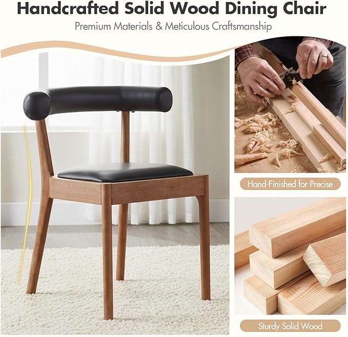 Kmax Dining Room Chairs Mid-Century Modern Leather Kitchen Chairs with Natural Walnut Finished Frame, PU Curved Back, Set of 4, PU Black