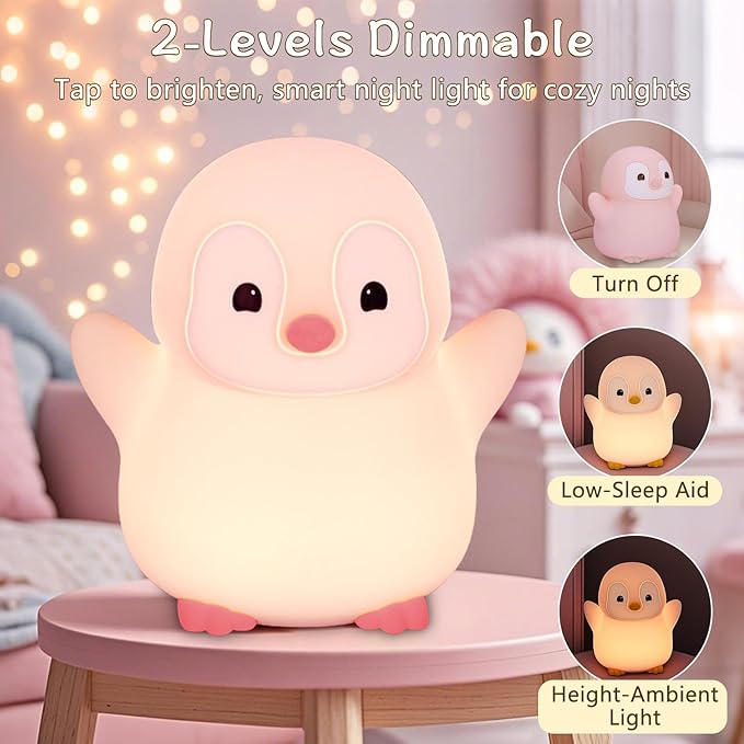 Pink Penguin Night Light,Soft Silicone Nursery Nightlight for Baby,LED Squishy Novelty Animal Bedside Lamp,Rechargeable/Dimmable/Timer,Room Decor, Cute Xmas Gifts for Kids/Girls/ Mom/ Grandma/ Teens