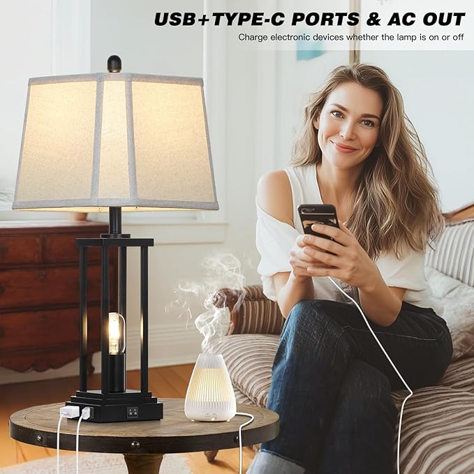 27" Tall Farmhouse Table Lamps with Bell Lampshade, Black Industrial Living Room Lamps Set of 2 with Night Light, Rustic Bedside Lamp with USB C+A Port & AC Outlet, Vintage Bedroom Lamp for Nightstand
