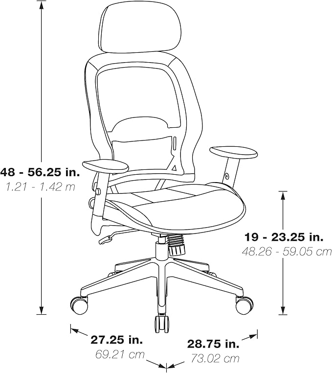 Space Seating Professional AirGrid Back and Padded Black Eco Leather Seat, 2-to-1 Synchro Tilt Control, Adjustable Arms and Tilt Tension with Nylon Base Executives Chair with Adjustable Headrest