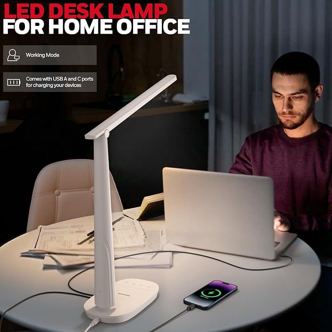 Honeywell LED Desk Lamp for Home Office, Eye-Caring Light with 4 Color Modes & Touch Control, USB A+C Charging Ports, Adjustable Rotating Head with Timer for Reading, Bedroom & Small Desks