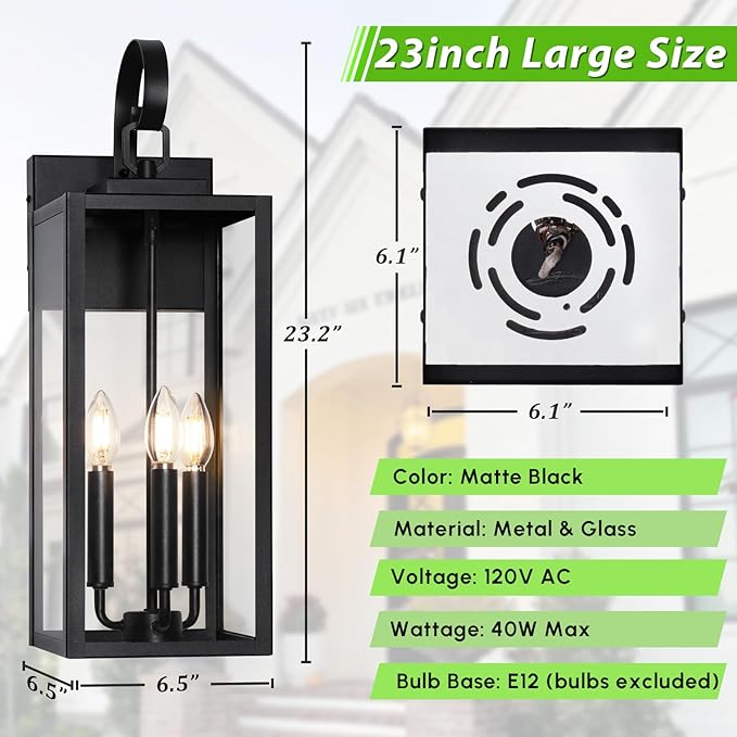 BesLowe 23" Outdoor Wall Light Fixture, 3-Light Extra Large Exterior Lighting Fixture Wall Mount, Waterproof Porch Light Outdoor Wall Sconce Lantern, Outside Light for House Front Door Garage, Black
