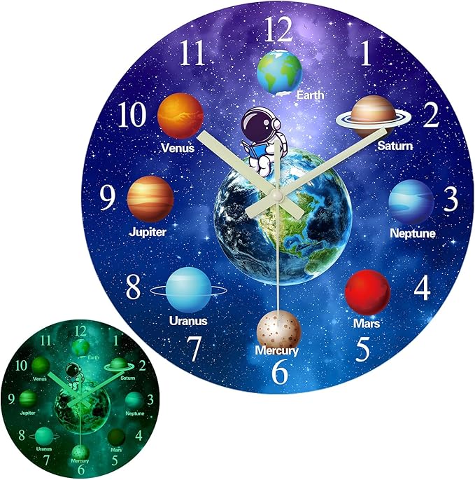 Blue Glow in The Dark Wall Clock for Bedroom Small Wall Clocks Battery Operated 12 Inch Silent Wall Clock for Teenager