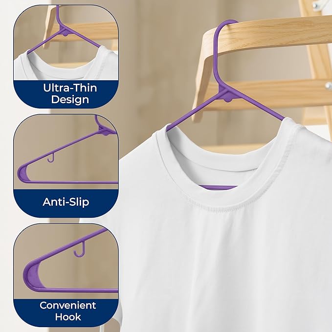 SereneLife 150-Piece Plastic Hangers Set Purple – Non-Slip, Heavy Duty Coat Hangers for Clothes, Space-Saving Durable Closet Organization with 5.5 lbs Weight Capacity Each