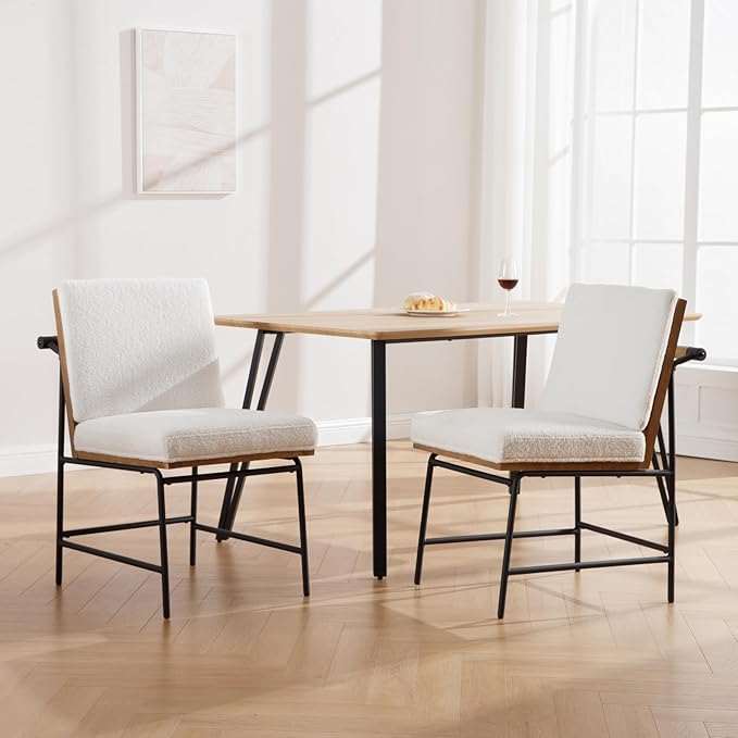 HEAH-YO Modern Dining Chairs Set of 6, Upholstered Sherpa Dining Chairs with Backrests, Armless Dining Room Chairs for Kitchen, Fur White