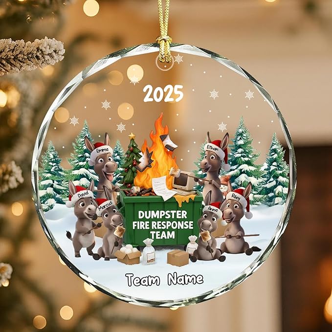 NAZENTI Personalized Funny Donkey Fire Response Team Glass Ornament, Custom Flaming Dumpster Holiday Piece, Coworker Christmas Tree Hanging Decoration