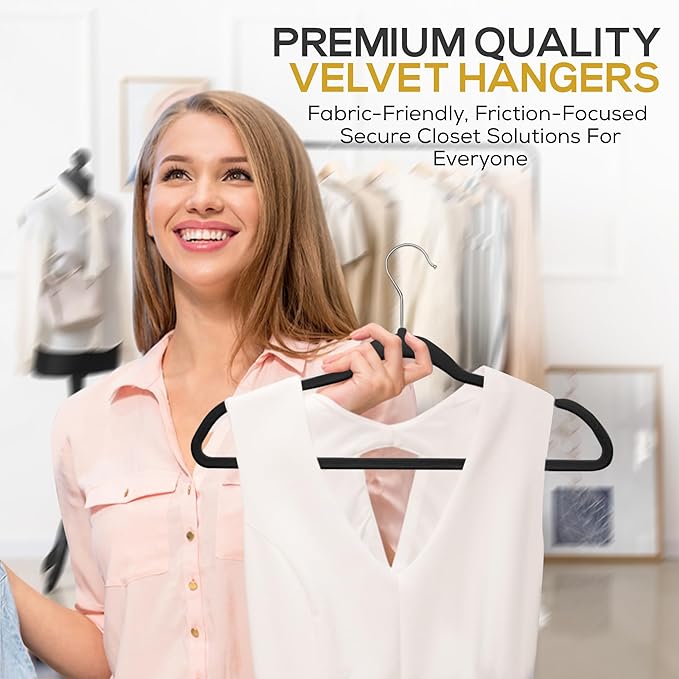 Premium Velvet Hangers 30 Pack Ultra Thin Non Slip Adult Felt Space Saving Suit Hanger for Closet Heavy Duty Coat Pants Jackets Dress Hangers 360° Swivel Hook Hold Upto 10 lbs Black