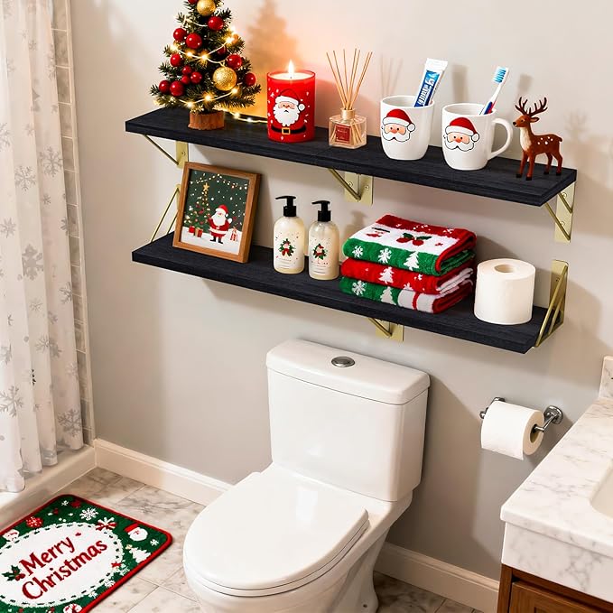 BAYKA Floating Shelves for Bedroom Decor, Wall Shelves for Storage, Wall Mounted Rustic Wood Floating Shelf for Books,Corner Shelf for Bathroom,Kitchen,Living Room(Black and Gold，Set of 4)