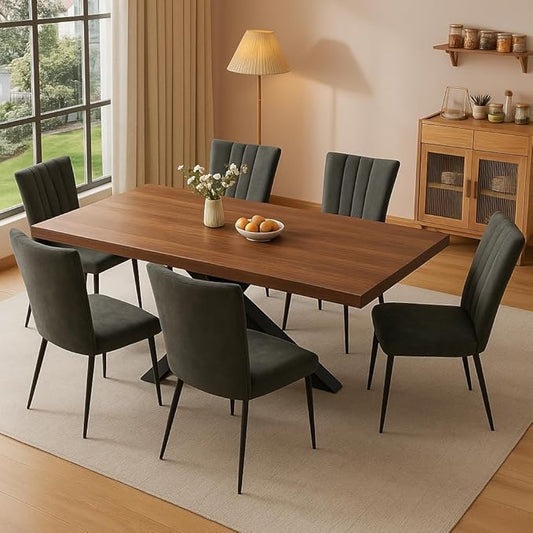 ZckyCine Dining Table Set for 6, Modern 78'' Wood Dining Table and Fabric Dining Chairs Set of 6,Table and Chairs Set of 6,Ideal for Kitchen Dining Room