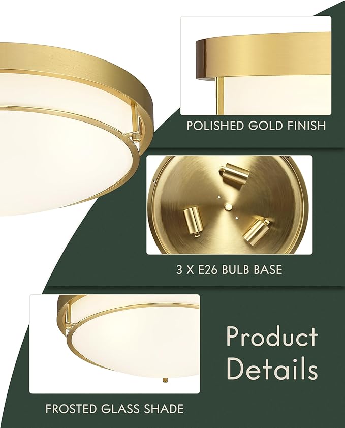 16 inch Flush Mount Light Fixture, 3-Light Modern Ceiling Light with Polished Gold Finish for Hallway Kitchen Laundry Bedroom, CL4822-3W-PG