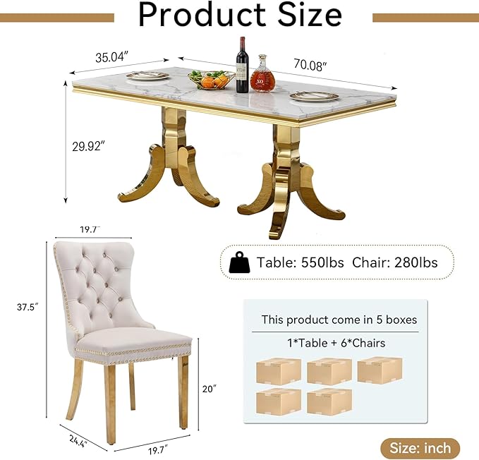 70" Faux Marble Dining Table Set for 6, 7-Piece Dining Set with White Gold Kitchen Table and 6 Velvet Tufted Chairs, Modern Rectangular Dining Room Table with American-Shape Stainless Steel Base