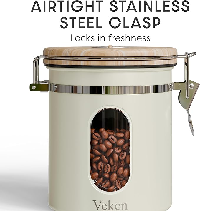 Veken Coffee Canister with Window, Airtight Stainless Steel Kitchen Food Storage Container with Lids, Date Tracker and Scoop for Grounds Coffee, Beans, Tea, Flour, Cereal, Sugar Jars, 16OZ, Cream